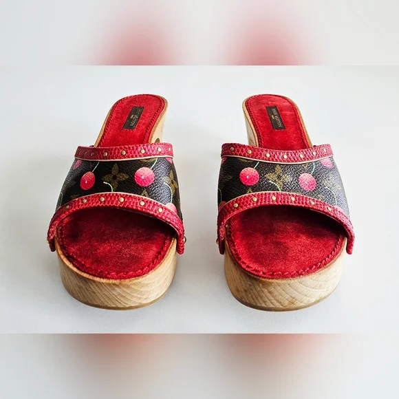 Louis Vuitton Red Cherry Takashi Murakami Monogram Wooden Clogs Mules EU 36.5